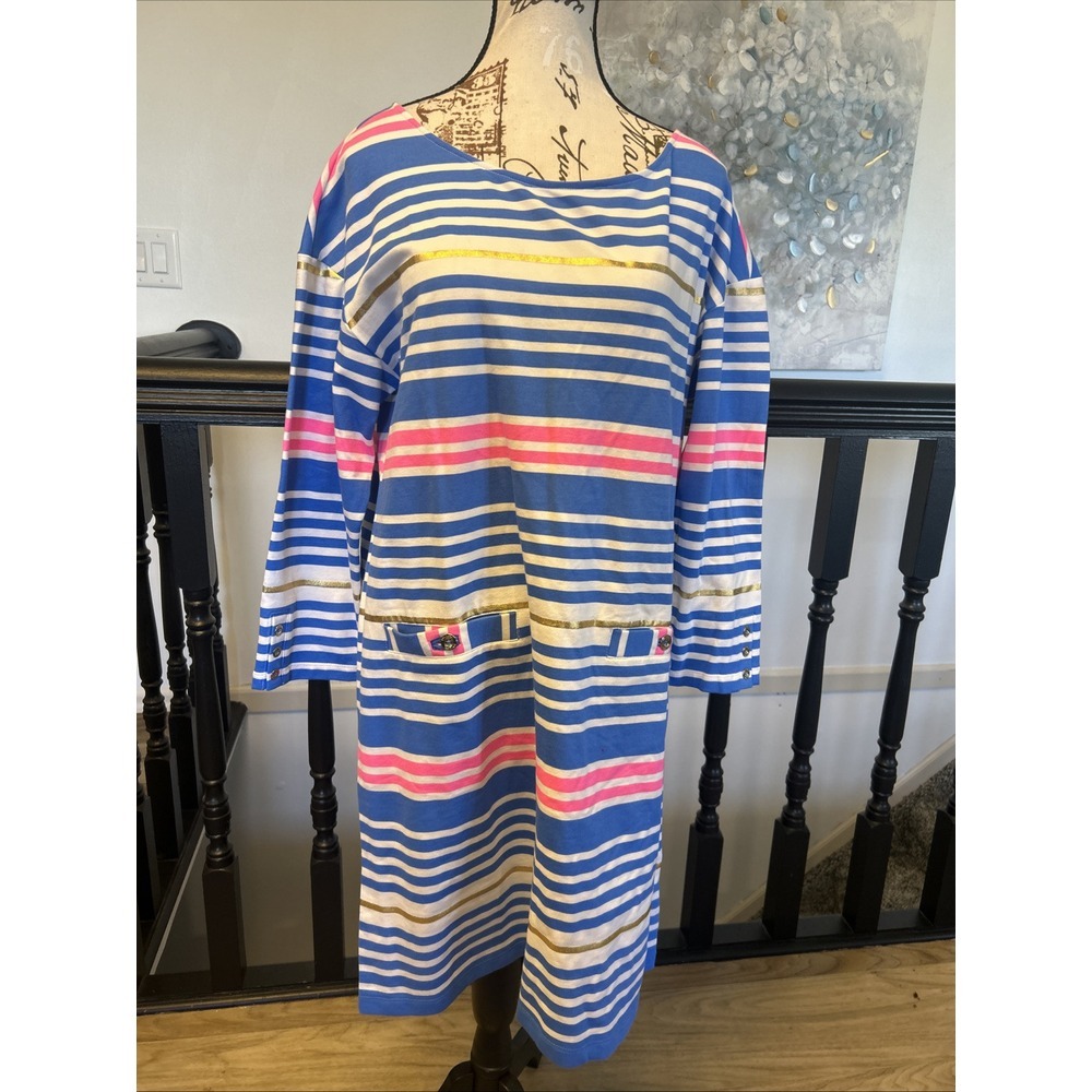NWT Lilly Pulitzer Lena Lapis Blue Tiki Stripe‎ Lapis Pink Gold Dress Sz L $158